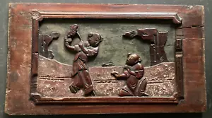 Antique Chinese Elmwood Carving yu mu People in Landscape ca. 13.4 x 7.3 in - Picture 1 of 5