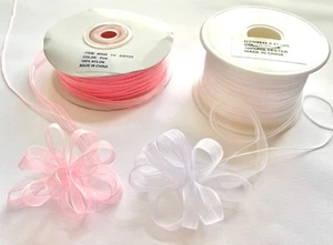 1/4" Pull Bow Ribbon White Pink Craft Gift Wrapping Nylon Polyester Spool 50 yds - Picture 1 of 3