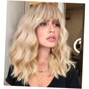 Curly Bob Wig with Bangs Short Wavy Wigs for Women Bob Style 14IN Ombre Blonde - Picture 1 of 7