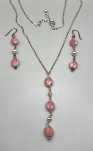 Handmade Sterling Silver Rhodochrosite Bead & FW Pearl Necklace & Wire Earrings - Picture 1 of 7