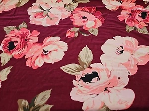 Rose Floral Jersey Knit Fabric  Burgundy Apparel By the Yard   - Picture 1 of 1