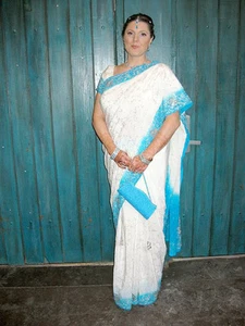Wedding Gown Sari, Bollywood Bride, White and Teal with ALL Accessories - Picture 1 of 12