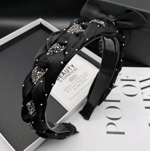 LUXURY HANDMADE BLACK BEADED RHINESTONE HEADBAND HAIR ACCESSORY, BRIDAL OR RACES - Image 1 of 1