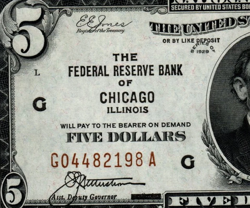 1929 $5 Federal Reserve Bank Note Chicago  FR.1850-G PCGS 64 PPQ G04482198A - Image 1 of 4