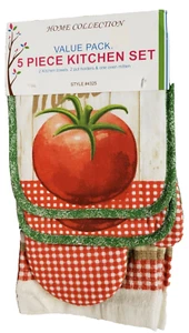 5pc KITCHEN SET: 2 POT HOLDERS,2 TOWELS & 1 OVEN MITT,TOMATO & PEPPERS, green,VP - Picture 1 of 12