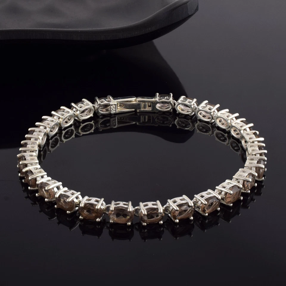 Brazalete tenis cuarzo ahumado con piedras preciosas naturales plata de ley 925 joyería para mujer Foto 1 de 3