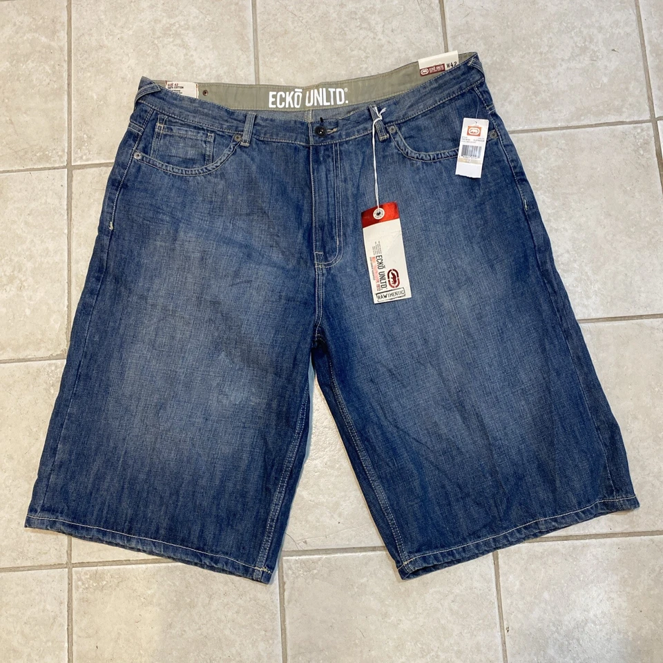 Pantalones Cortos Ecko Unltd Hombres 42x15 LARGOS Pantalones Cortos Denim Hip Hop Y2K Sueltos Anchos Parche Espalda B Foto 1 de 4