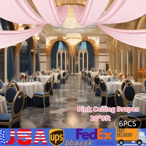 6 Panels Ceiling Drapes Pink Voile Chiffon Wedding Backdrop Curtains Drape Panel - Picture 1 of 15