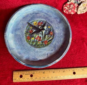 Handmade Pottery Decorative Plate with Hummingbird & Floral Embedded Design - Picture 1 of 6