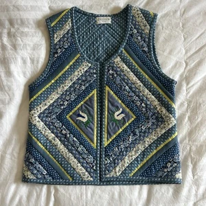 Blue And Yellow Women’s Handmade Quilted Vest With Floral Embroidery Small - Picture 1 of 7