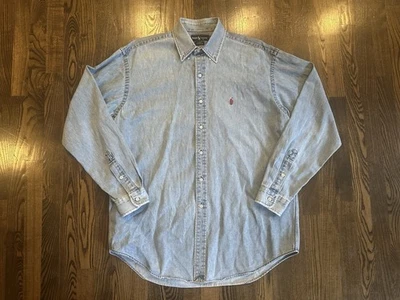 Vintage RALPH LAUREN Blake Blue Denim Red Pony Button Down Jean Shirt Size Large - Image 1 of 4