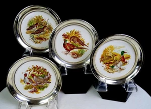 Taunton Argentieri Silverplate & Porcellana Gioco Uccellini 4pz 4 Sottobicchieri 3/8" 1970 - Foto 1 di 12