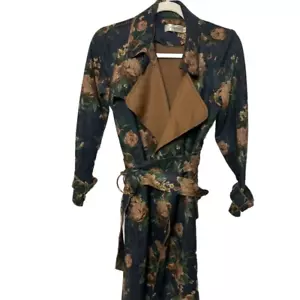 Auspher Woman’s Size Medium Long Belted Black Floral Coat Soft Fabric Collar - Picture 1 of 13