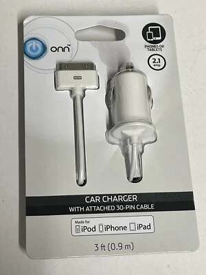 ONN Car Charger W/attached 30 Pin Cable for Ipad Iphone Ipod White Old Style - Image 1 of 4