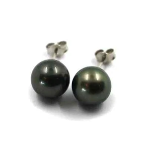 Pendientes De Oro Blanco 18K, A Lóbulo, Con Perla Negra Tahití, Diámetro 10 MM - Imagen 1 de 7