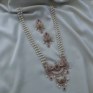 Collana con zirconi di perle placcate oro gioielli lunghi indiani del sud con orecchini abbigliamento festa - Foto 1 di 12