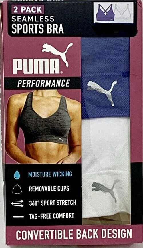 PACK DE 2 SUJETADORES DEPORTIVOS PUMA CONVERTIBLES SIN COSTURAS PARA MUJER (BLANCO/AZUL, X-GRANDE) Foto 1 de 1