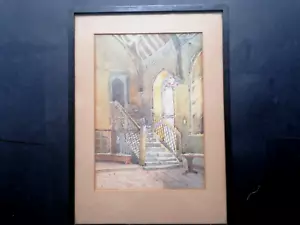 Antique Watercolour Painting, Manor House Interior Scene, Staircase, Furniture - Picture 1 of 9