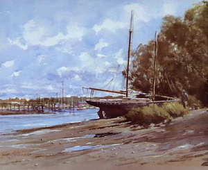 1985 Vintage Druck Schoner Strand Darien Connecticut Küste Meer Aquarell Bild - Bild 1 von 3