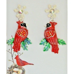 Kirks Folly Cardinal Love Pierced Earrings with Holly & Sparkling Snowflakes ST - Picture 1 of 4
