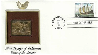 Columbus Santa Maria Crossing The Atlantic USA Gold 22k Plated Stamp FDC 1992 - Image 1 of 2