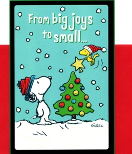 Merry Christmas Snoopy Woodstock Tree Trimming Gold Star Hallmark Greeting Card - Picture 1 of 3