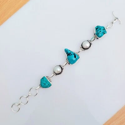 Turquoise With Pearl Natural Gemstone Bracelet 925 Sterling Silver Jewelry - Image 1 of 4