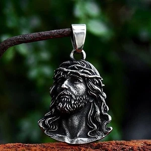 Jesus Head Charm Men's Stainless Steel Necklace Vintage 3D Pendant Face Jewelry - Picture 1 of 6