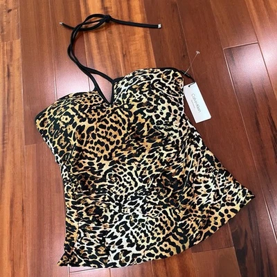 New NWT Calvin Klein Leopard Tankini Top Swim Halter Animal Print Black Sz Large - Image 1 of 4