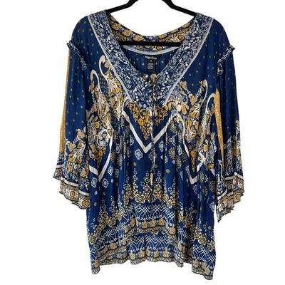 Vintage Y2K Womens Plus size 3X Blouse Floral V-Neck Blue Flowy Whimsygoth - Image 1 of 4