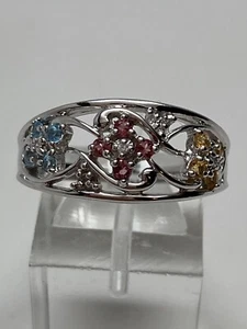 Ring 10 Karat Weißgold blau rosa und gelber Topas Diamant Blume und Ranke Größe 8 neu - Bild 1 von 14
