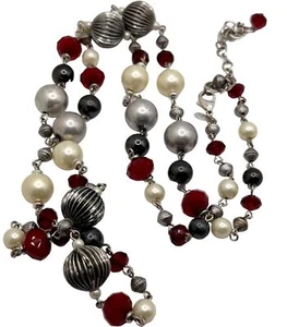 Premier Designs Vintage Bead Necklace Signed Red Black White Silver Tone 36” - Picture 1 of 7