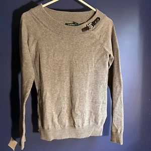 Lauren Ralph Lauren Gray Round-Neck Knit Sweater with Faux Leather detail Medium - Picture 1 of 5