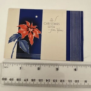 Vintage Art Deco Christmas Card - Blue Red Poinsettias Leaves - Picture 1 of 3