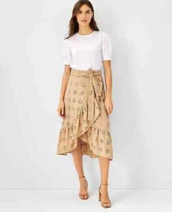 Ann Taylor Floral Eyelet Flounce Wrap Midi Skirt Women 10 Beige Preppy Tie Waist - Picture 1 of 7