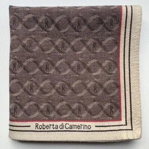 VINTAGE HANDKERCHIEF MEN'S POCKET SQUARE BROWN GEOMETRIC WAVE COTTON 18" B0199 - Picture 1 of 2