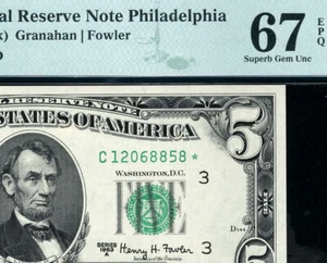 1963a* $5 Philadelphia STAR Federal Reserve Note FRN • 1968-C* • PMG 67 EPQ - Picture 1 of 3