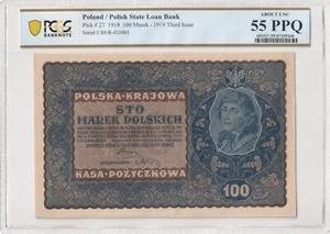 1919, Poland. Nice Certified 100 Marek Note. Pick # 27. PCGS Choice AU 55 PPQ! - Picture 1 of 2