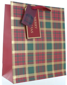 Medium Christmas Gift Bag - Red Green & Gold Foil Tartan  10 x 8.5" - Picture 1 of 1