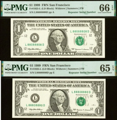 1999 $1 FRN PMG 66EPQ - Set Repeater Serial Number 88808880 & 88088808 - Image 1 of 4