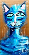 BIG BLUE CAT PAINTING upcycled  23.5" x 13" original SWARTZMILLER DNA SIGNED ART