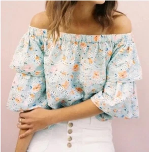 Laia Anthropologie Ashtabula Off Shoulder Eyelet Floral Embroidered Top Sz XS - Picture 1 of 9