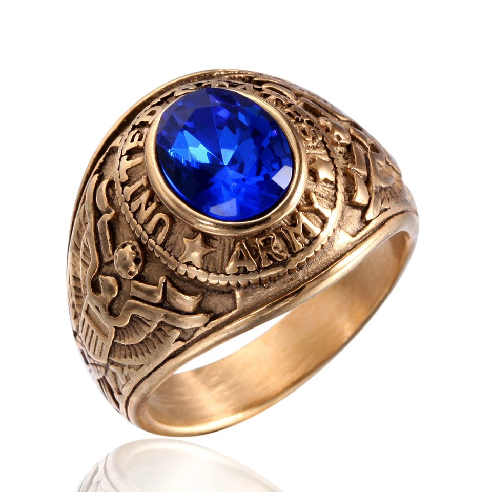 Anillo chapado en oro del ejército de Estados Unidos para hombre gema cúbica azul joyería militar vintage Foto 1 de 4