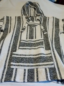 Vintage Baja Mexican Poncho Hoodie Sweater L Molina Striped Black White Boho - Picture 1 of 5