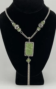 Vintage 25” Carved JADE NECKLACE w/ PENDANT/Heavy Silver Wheat Chain. Stunning!! - Picture 1 of 8