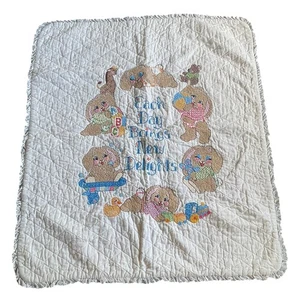 Vtg Handmade Baby Blanket Quilt Cross Stitch Each Day Brings New Delights Bunny - Picture 1 of 13