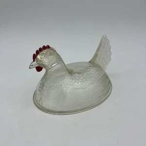 Vetro Indiana vintage ~ gallina sul nido ~ trasparente con pettine rosso dipinto ~ solo coperchio - Foto 1 di 9