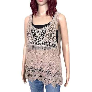 Crochet Lace Summer Top Womens Medium Beige Cover-Up Sleeveless Lightweight - Picture 1 of 7