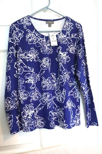 Style & Co Women’s PL Pullover Cotton Top Long Sleeve Royal Blue/White Floral - Picture 1 of 8