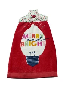 Christmas Hanging Dishtowel "Merry and Bright" Christmas Bulb on Red Towel - Picture 1 of 6